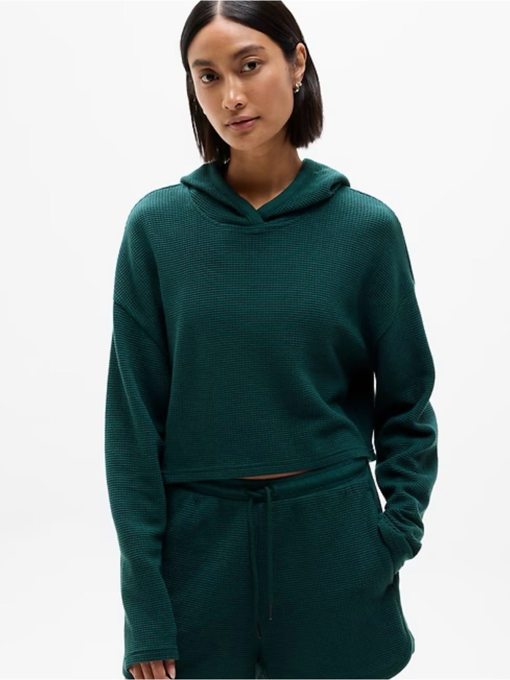 Athleta NWT Tranquil Waffle Hoodie Cropped Pullover Green Size Small Lyocell